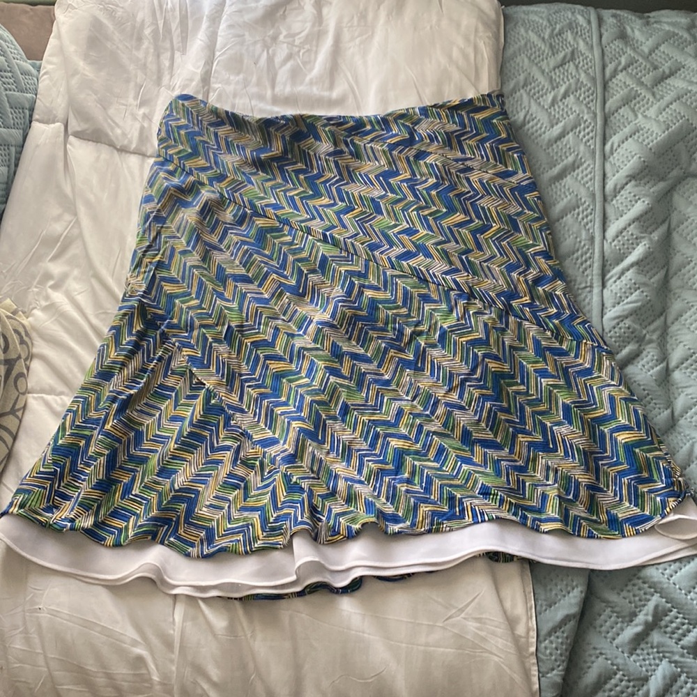 Alfani A-Line flare mid length skirt blue green sheer silk lining side zip 14P